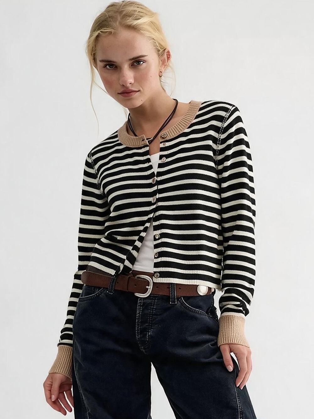 Free People Nocturnal Stripe Cashmere Wool Cardi Cardigan Sweater Neutral Medium